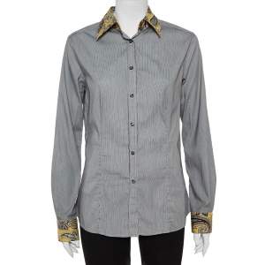 Pre Owned Etro Black and White Cotton Stripe Body with Paisley Print Shirt L