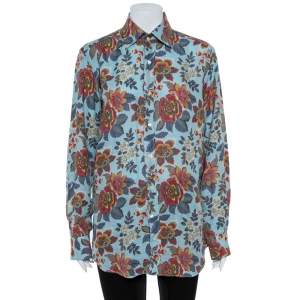 Pre Owned Etro  Blue Linen Floral Print Slim Fit Shirt M