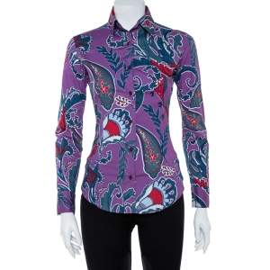 Pre Owned Etro Purple Floral Paisley Print Stretch Cotton Shirt S