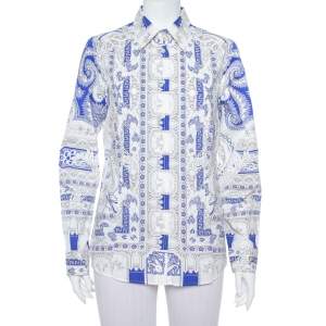 Pre Owned Etro White & Blue Abstract Printed Cotton Button Front Shirt L 