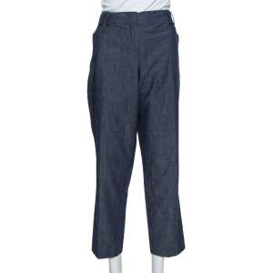 Pre Owned Etro Blue Linen Straight Leg Trousers L