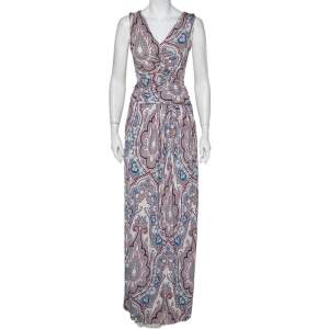 Pre Owned Etro Multicolor Paisley Printed Knit Ruched Belted Detail Maxi Dress M