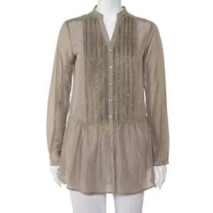 Etro Grey Cotton & Silk Beaded Detail Button Front Tunic M