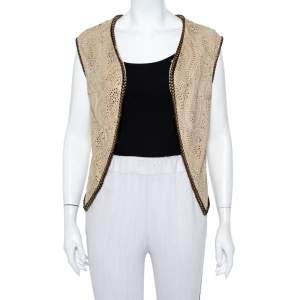 Etro Beige Perforated Suede Bead Detail Open Front Shrug S