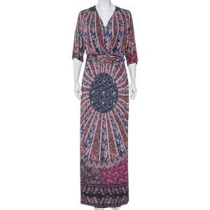 Pre Owned Etro Multicolor Printed Knit Draped Waist Detail Maxi Dress L