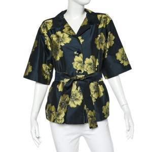 Pre Owned Etro Midnight Blue Floral Silk Jacquard Belted Lightweight Jacket S