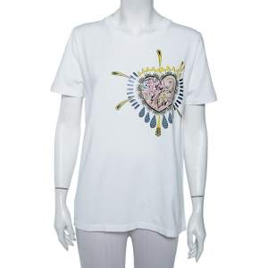 Pre Owned Etro White Paisley & Love Printed Cotton Crewneck T-Shirt L
