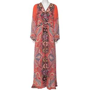 Pre Owned Etro Pink Paisley Printed Silk Long Sleeve Maxi Dress XL