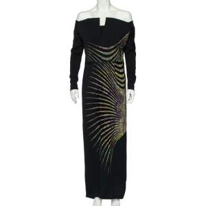 Pre Owned  Etro Black Printed Crepe Bead Embellished Maxi Dress L