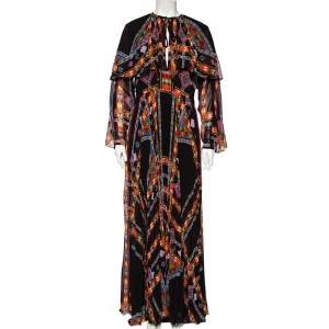 Pre Owned Etro Black Printed Georgette Cinched Waist Detailed Pleated Maxi Dress L