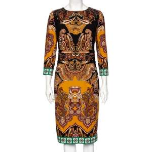 Pre Owned Etro Multicolor Paisley Printed Wool Pleated Waist Detail Sheath Dress M