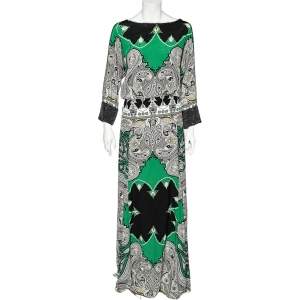 Pre Owned Etro Green Printed Crepe Silk Embellished Maxi Dress M