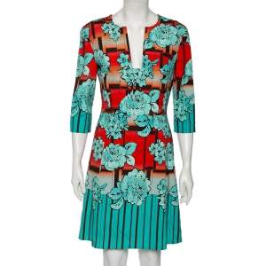 Pre Owned Etro Blue & Orange Floral Printed Crepe Shift Dress M