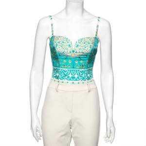 Pre Owned Etro Blue Printed Silk Cropped Bustier Top S