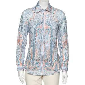 Etro Blue Paisley Printed Ramie Button Front Shirt S