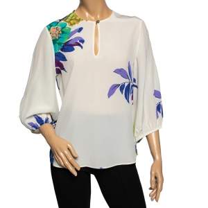 Pre Owned Etro Cream Floral Printed Silk Top M