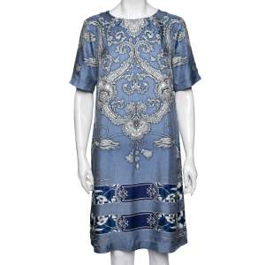 Pre Owned Etro Blue Printed Silk Short Sleeve Dress M 