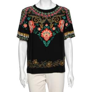 Pre Owned Etro Black Floral Printed Silk Short Sleeve Top M