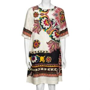 Pre Owned Etro White Printed Silk Blend Shift Dress L