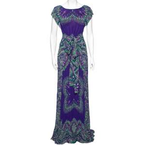 Pre Owned Etro Blue Paisley Printed Crinkled Chiffon Maxi Dress S