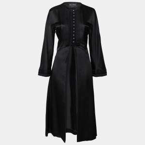 Pre Owned Etro Black Textured Satin Ribbon Trimmed Long Coat M