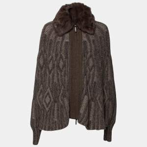 Pre Owned Etro Brown Intarsia Knit Wool & Squirrel Fur Trimmed Zip Front Cardigan M 