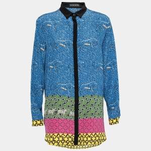 Pre Owned Etro Blue Printed Silk Button Front Shirt L