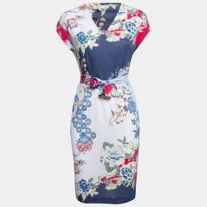 Pre Owned Etro Blue Floral Printed Knit V-Neck Belted Dress S