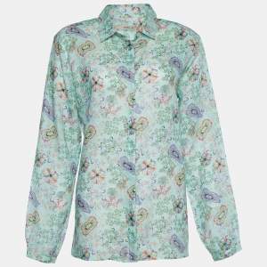 Etro Mint Green Floral Print Ramie Blouse L