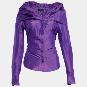 Pre Owned Etro Purple Silk Gathered Collar Detail Button Front Shirt L