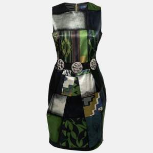 Pre Owned Etro Multicolor Printed Satin Embellished Waist Belt Detail Pleated Sheath Dress M