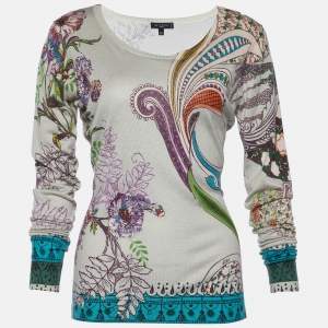 Pre Owned Etro Grey Floral Print Silk & Cashmere Knit Long Sleeve Jumper L