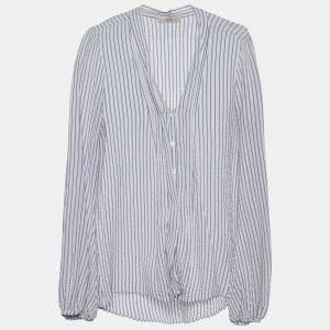 Pre Owned Etro White & Blue Striped Silk Seersucker Blouse L