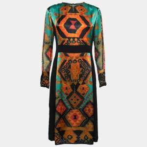 Pre Owned Etro Black Printed Paneled Crepe & Satin Long Sleeve Dress M