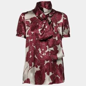 Etro Burgundy Floral Printed Silk Scarf Detail Top M