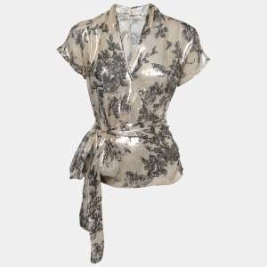 Pre Owned Etro Gold Metallic Floral Print Silk Wrap Blouse M