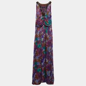 Pre Owned Etro Purple Floral Print Silk Pliseé Maxi Dress L