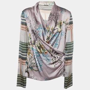 Pre Owned Etro Pink Floral Print Silk Satin Wrap Blouse L