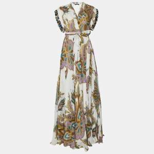 Pre Owned Etro White Paisley Printed Chiffon Embellished Sleeve Maxi Wrap Dress M