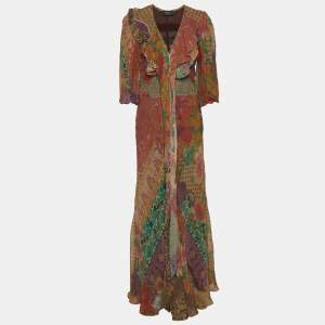 Pre Owned Etro Multicolor Printed Silk Ruffle Detail Maxi Dress M