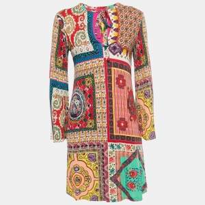 Pre Owned Etro Multicolor Printed Jersey Patchwork Tie Neck Detail Midi Dress S