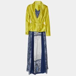 Pre Owned Etro Blue Printed Silk Halter Neck Dress & Green Silk Jacket M