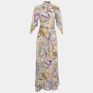 Etro Multicolor Floral Printed Silk Belted Maxi Dress M