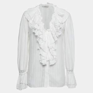 Pre Owned Etro White Stripe Patterned Cotton Ruffled Blouse M