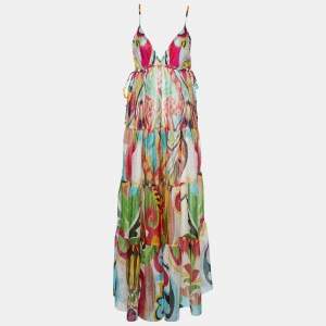 Etro Multicolor Printed Silk Sheer Tie Detail Maxi Dress S