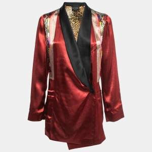 Etro Red Printed Satin Contrast Paneled Double Breasted Blazer S
