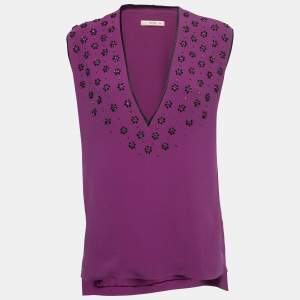 Etro Purple Crepe Beads Embellished V-Neck Sleeveless Blouse M