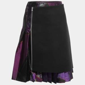 Etro Black/Purple Printed Silk & Wool Pleated Overlap Detail Knee Length Skirt L