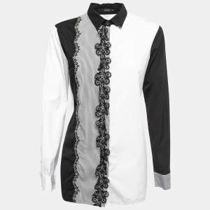 Etro White/Black Dotted Cotton Floral Lace Trimmed Button Front Full Sleeve Shirt L