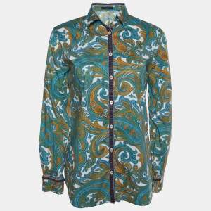 Etro Blue Paisley Printed Cotton & Velvet Trim Shirt M